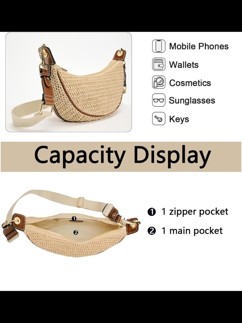 Woven Crescent Shoulder Bag in Natural with Cream Strap - Picture 3 of 7